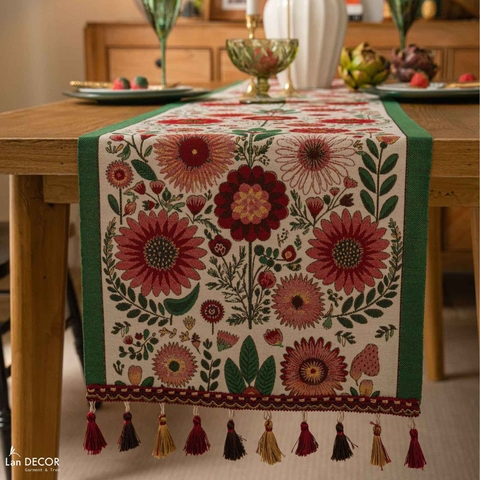 Runner Trải Bàn Phong Cách Cổ Điển Bohemian Bày Bàn Tiệc, Tủ Kệ Phòng Khách Sang Trọng - Khăn Trải Ban Lan Decor- TBR586