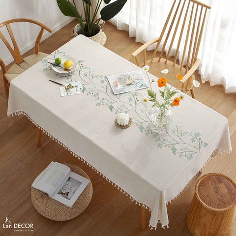 Khăn Trải Bản Trắng Thêu Hoa Xanh, Trang Trí Căn Hộ Đẹp Nhẹ Nhàng, Tinh tế- TB595