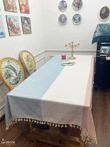 Khăn trải bàn sợi dệt cao cấp sọc xanh hồng nhã nhặn Landecor - TB444