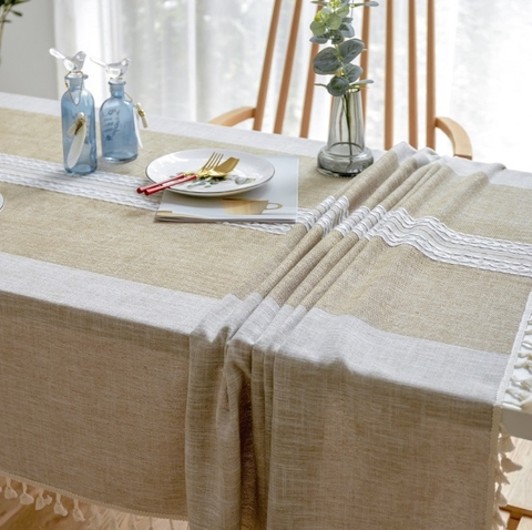 Khăn trải bàn sợi dệt cao cấp kẻ sọc màu kem sang trọng Landecor- TB441