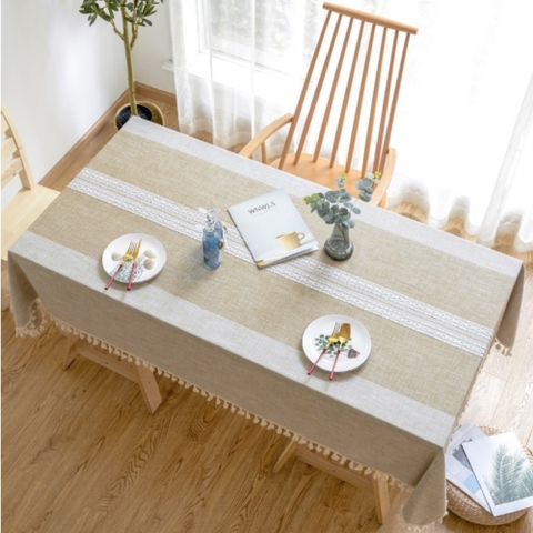 Khăn trải bàn sợi dệt cao cấp kẻ sọc màu kem sang trọng Landecor- TB441