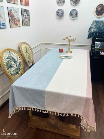 Khăn trải bàn sợi dệt cao cấp sọc xanh hồng nhã nhặn Landecor - TB444