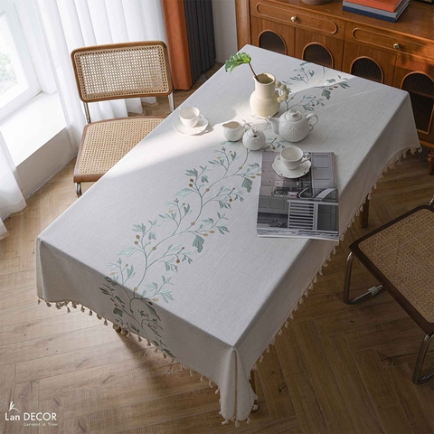 Khăn Trải Bản Trắng Thêu Hoa Xanh, Trang Trí Căn Hộ Đẹp Nhẹ Nhàng, Tinh tế- TB595