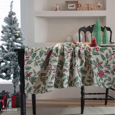 Khăn trải bàn họa tiết lá thông xanh trang trí bàn tiệc mùa Giáng sinh sang trọng- TB592