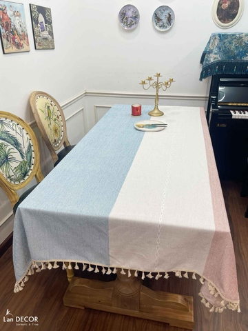 Khăn trải bàn sợi dệt cao cấp sọc xanh hồng nhã nhặn Landecor - TB444