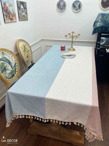 Khăn trải bàn sợi dệt cao cấp sọc xanh hồng nhã nhặn Landecor - TB444
