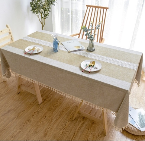 Khăn trải bàn sợi dệt cao cấp kẻ sọc màu kem sang trọng Landecor- TB441