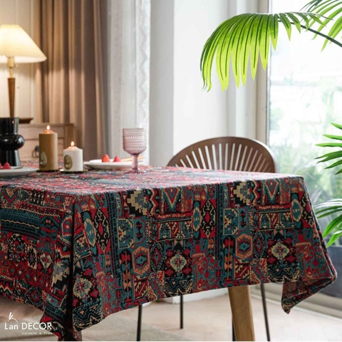 Khăn trải bàn họa tiết thổ cẩm, decor xinh xắn, viền ren tua tạo điểm nhấn - TB591
