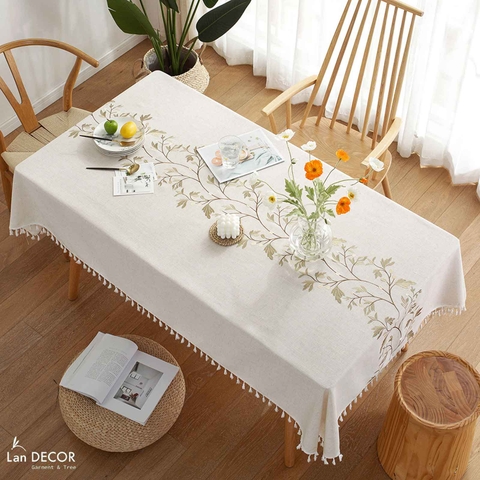 Khăn Trải Bản Trắng Thêu Hoa Nâu Thiết Kế Căn Hộ Phong Cách Vintage- TB594