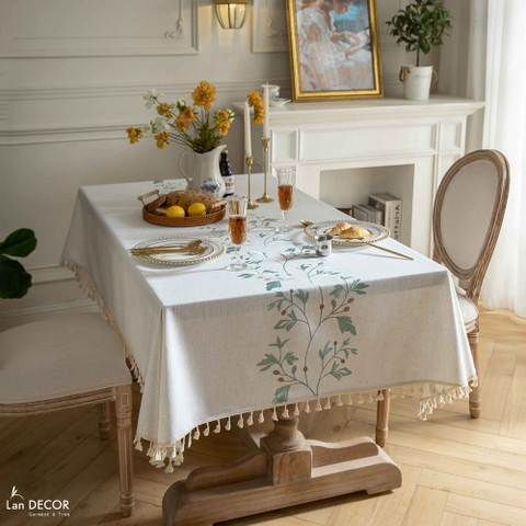 Khăn Trải Bản Trắng Thêu Hoa Xanh, Trang Trí Căn Hộ Đẹp Nhẹ Nhàng, Tinh tế- TB595