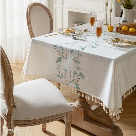 Khăn Trải Bản Trắng Thêu Hoa Xanh, Trang Trí Căn Hộ Đẹp Nhẹ Nhàng, Tinh tế- TB595