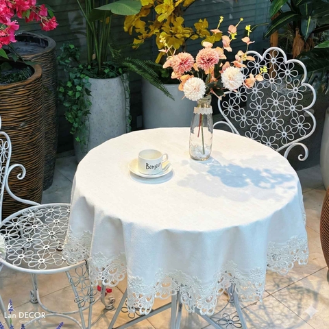Khăn Trải Bàn Trang Trí Nhà Màu Trắng Phối Ren Sang Trọng - TB580