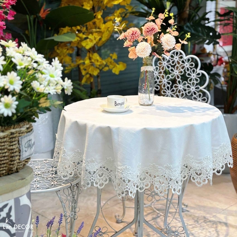 Khăn Trải Bàn Trang Trí Nhà Màu Trắng Phối Ren Sang Trọng - TB580