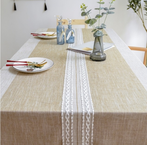 Khăn trải bàn sợi dệt cao cấp kẻ sọc màu kem sang trọng Landecor- TB441