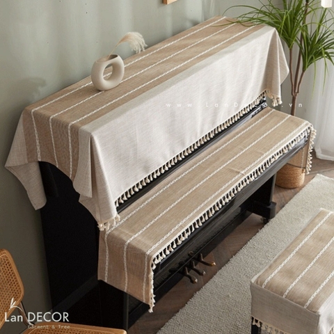 Khăn phủ đàn sợi dệt cao cấp kẻ sọc màu kem sang trọng Landecor- PĐ265