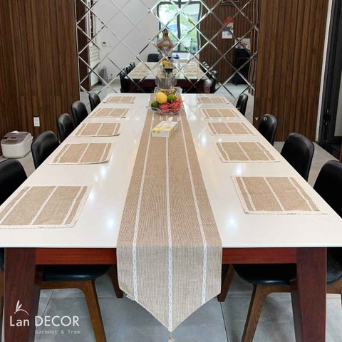 Khăn runner sợi dệt cao cấp thêu hàng trái tim kem sang trọng Landecor- TBR265