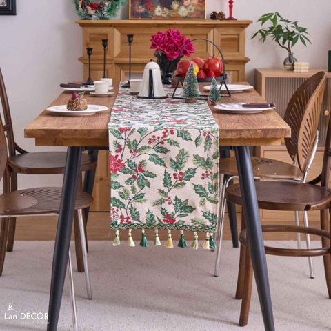 Runner table họa tiết lá thông xanh decor tiệc mùa lễ hội ấn tượng- TBR592