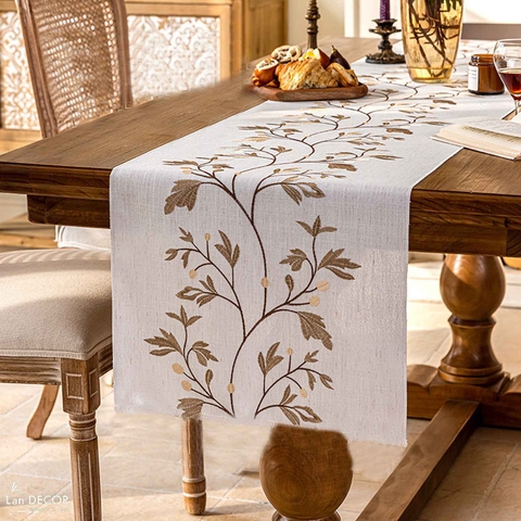 Khăn Runner Thêu Họa Tiết Lá Nâu Cổ Điển, Trải Bàn Sang Trọng- TBR594