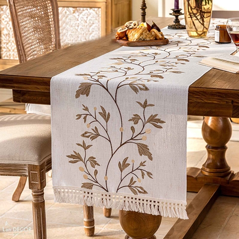 Khăn Runner Thêu Họa Tiết Lá Vàng Cổ Điển, Trải Bàn Sang Trọng- TBR594