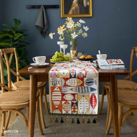 Khăn Trải Bàn Runner Họa Tiết Cá Phú Quý Phù Hợp Trưng Bày Phòng Ăn, Phòng Khách - Khăn Trải Bàn Lan Decor- TBR587
