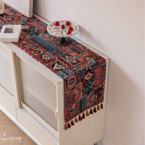 Khăn runner chuông họa tiết thổ cẩm, điểm nhấn sắc màu độc đáo cho bàn ăn- TBR591