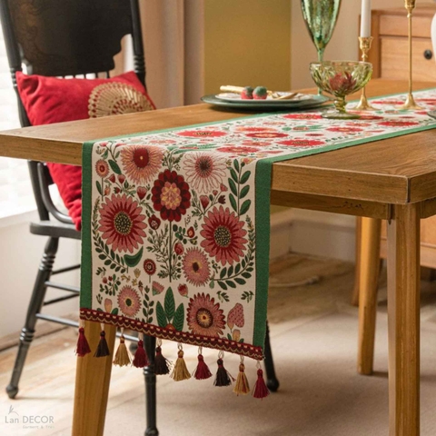Runner Trải Bàn Phong Cách Cổ Điển Bohemian Bày Bàn Tiệc, Tủ Kệ Phòng Khách Sang Trọng - Khăn Trải Ban Lan Decor- TBR586