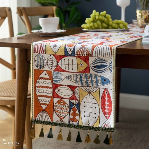 Khăn Trải Bàn Runner Họa Tiết Cá Phú Quý Phù Hợp Trưng Bày Phòng Ăn, Phòng Khách - Khăn Trải Bàn Lan Decor- TBR587