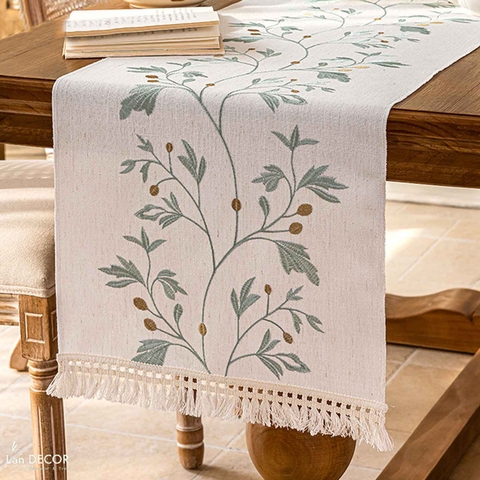 Runner Table Thêu Họa Tiết Lá Xanh Thiết Kế Nhẹ Nhàng, Tinh Tế- TBR595