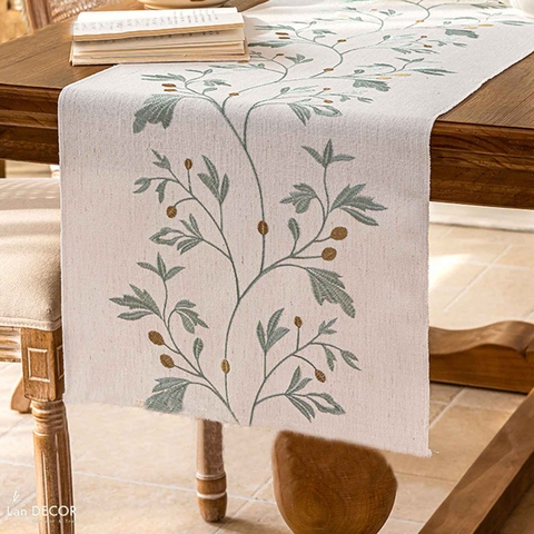 Runner Table Thêu Họa Tiết Lá Xanh Thiết Kế Nhẹ Nhàng, Tinh Tế- TBR595