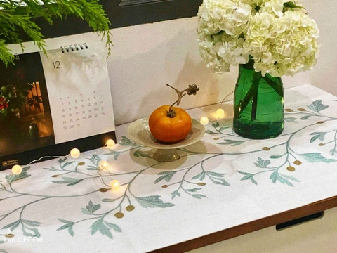 Runner Table Thêu Họa Tiết Lá Xanh Thiết Kế Nhẹ Nhàng, Tinh Tế- TBR595
