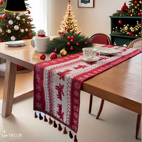 Khăn runner ren chuông decor giáng sinh, thiết kế bàn tiệc mùa lễ hội- TBR590