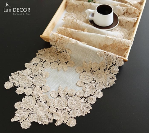Khăn phủ đàn ren thêu hoa màu be LanDecor (40x220cm) - PĐ020