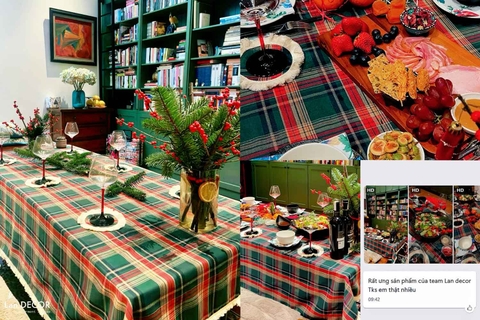 Khăn trải bàn họa tiết caro phối ren trang trí Noel, tiệc Giáng sinh - TB582