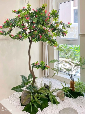Tiểu Cảnh Cây Giả- Thiết Kế Tiểu Cảnh Cây Đỗ Quyên Giả Decor Phòng Khách Căn Hộ Độc Đáo (135X145X220cm)- RC094