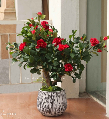 Cây Trà Giả Trang Trí- Cây Hoa Trà Đỏ Thiết Kế Lan Decor, Trang Trí Không Gian Sang Trọng (90cm)- CC1234