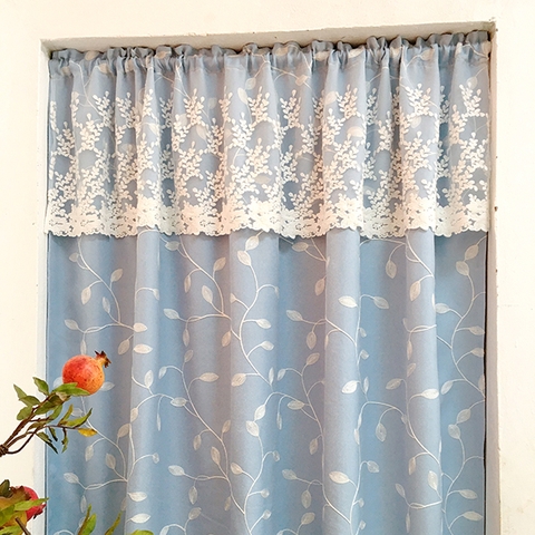 Rèm lá thêu nền xanh dương mix ren cao cấp Landecor -RTB322