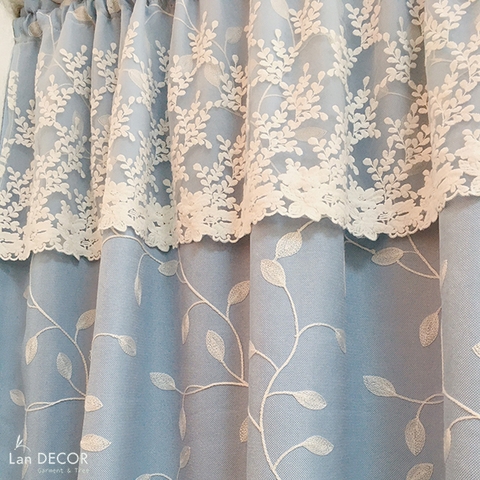 Rèm lá thêu nền xanh dương mix ren cao cấp Landecor -RTB322