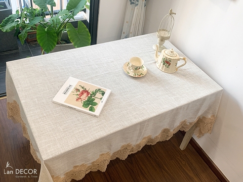 Khăn trải bàn sợi dệt kem viền ren phong cách Châu Âu Landecor - TB546