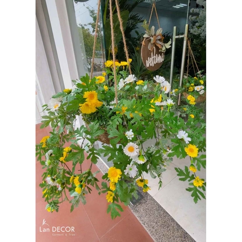 Hoa giả - Cành hoa Dã Quỳ trang trí tiểu cảnh, bồn hoa, giỏ treo decor nhà cửa LanDecor 90cm (Trắng/vàng) - HC1097