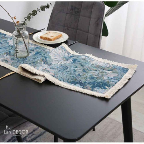 Khăn trải bàn runner vải gấm họa tiết hoa cúc xanh sang trọng - TBR564