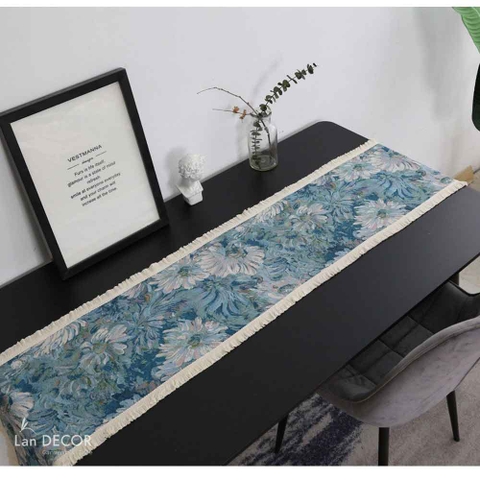 Khăn trải bàn runner vải gấm họa tiết hoa cúc xanh sang trọng - TBRA564