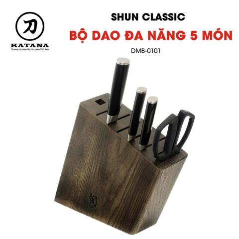 Bộ dao 5 món bếp Nhật cao cấp KAI Shun Classic - Bộ 3 dao thái thịt, đa năng kèm kéo và hộp cắm gỗ DMB0101