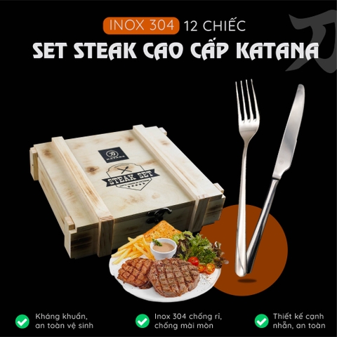 Set 12 chiếc dao dĩa KATANA Steak Hộp gỗ cao cấp - KATASTK01