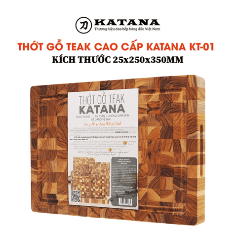 Thớt gỗ teak cao cấp KATANA cỡ vừa dày 2.5cm KT01  - thớt hình chữ nhật kích thước 25x250x350mm