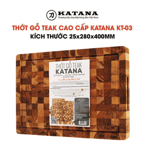 Thớt gỗ teak cao cấp KATANA cỡ lớn dày 2.5cm KT03 - thớt hình chữ nhật kích thước 25x280x400mm