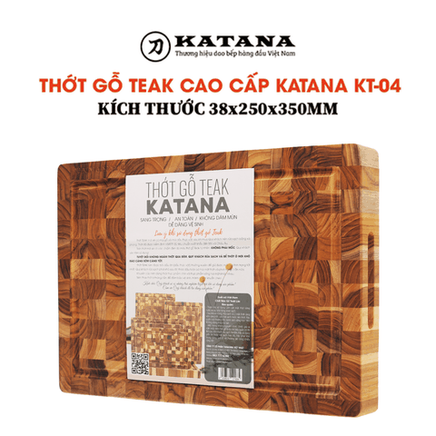 Thớt gỗ teak cao cấp KATANA cỡ vừa dày 3.8cm KT04  - thớt hình chữ nhật kích thước 38x250x350mm