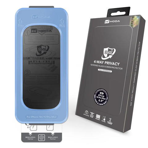 kính cường lực HODA chống nhìn trộm 360° phủ toàn màn hình cho iphone 17/18 Series. kèm dụng cụ hỗ trợ gạt bụi | hoda®