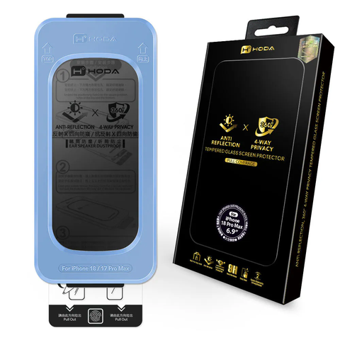 kính cường lực HODA chống chói chống nhìn trộm 360° phủ toàn màn hình cho iphone 17/18 Series. kèm dụng cụ hỗ trợ hút bụi | hoda®