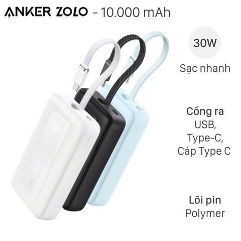 Pin Dự Phòng Anker Zolo 30W 10000 (Built-In USB-C) - A1688