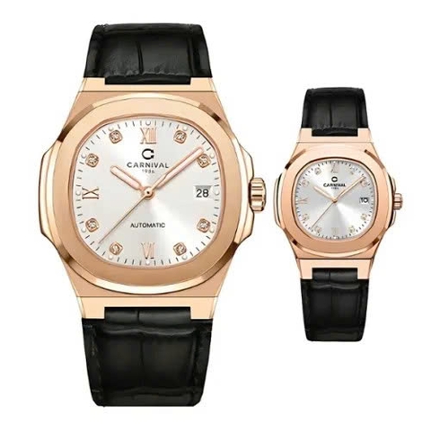 Đồng Hồ Cặp Đôi Dây Da Carnival 8160-VH-DD-T White Rose Gold